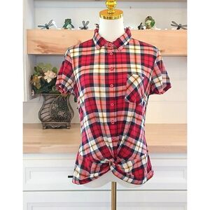 Wishful Park Women's Plaid Bottom Twist Front Short Sleeve Top Size Large